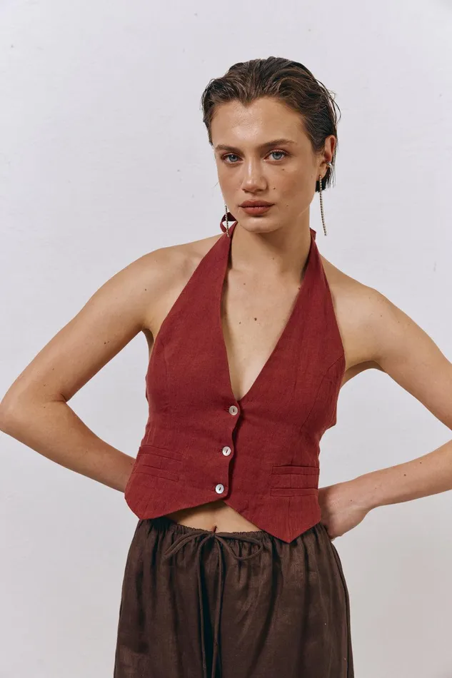 VRG GRL Los Cabos Linen Vest Wine Women Sleeveless