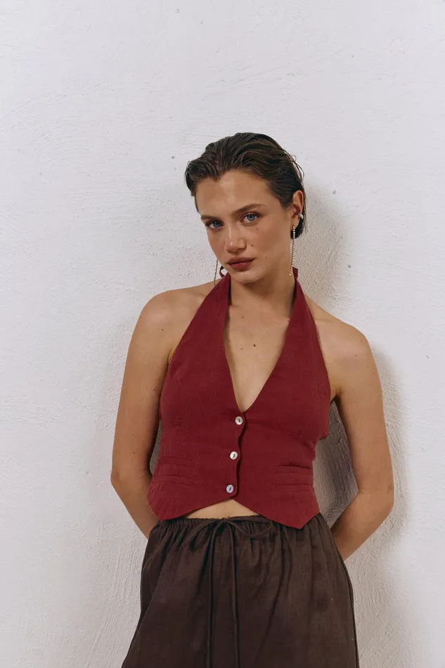 VRG GRL Los Cabos Linen Vest Wine Women Sleeveless