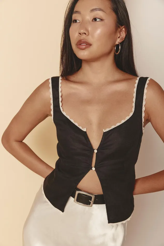 VRG GRL Love Language Linen Button Front Top Black Women Sleeveless