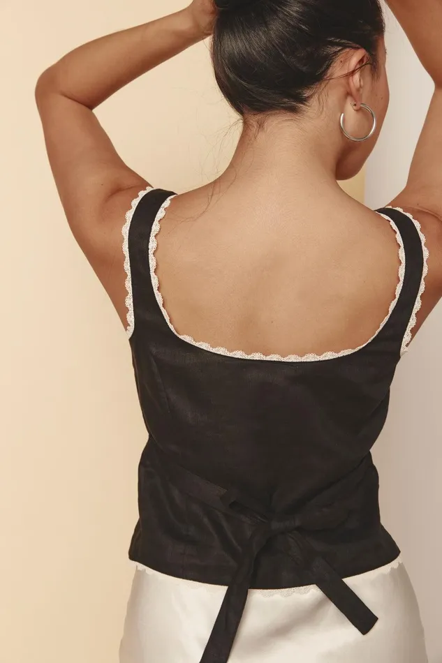 VRG GRL Love Language Linen Button Front Top Black Women Sleeveless