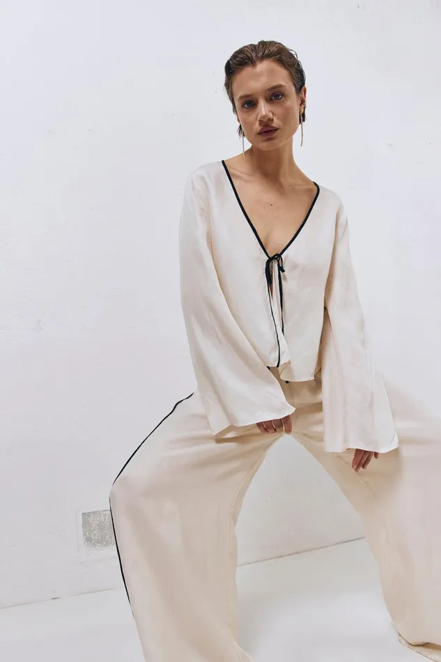 VRG GRL Moonscapes Tie Front Top Cream Women Long Sleeve