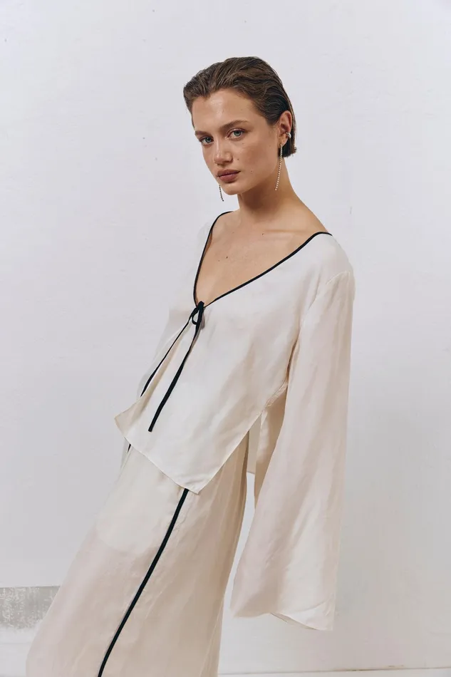 VRG GRL Moonscapes Tie Front Top Cream Women Long Sleeve