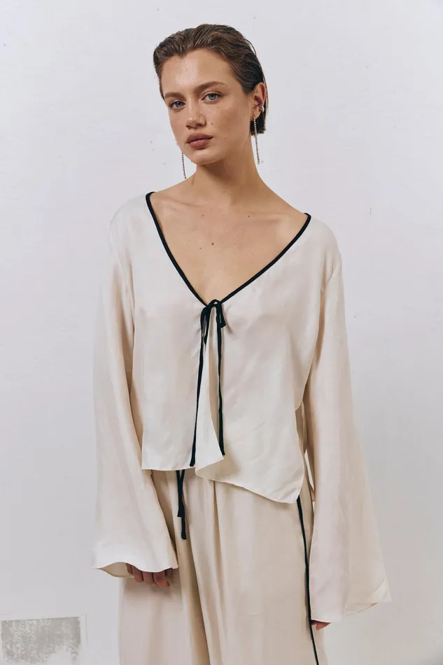 VRG GRL Moonscapes Tie Front Top Cream Women Long Sleeve