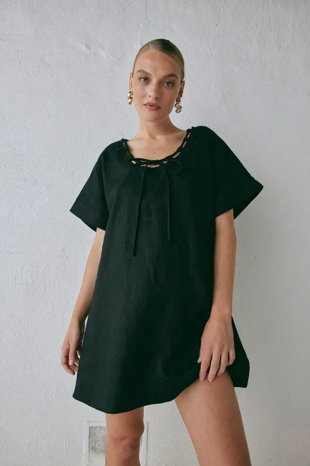 VRG GRL Nellie Linen Mini Dress Black Women Mini Dresses