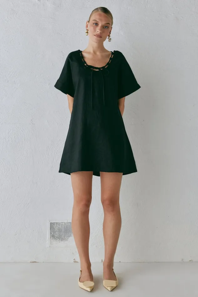 VRG GRL Nellie Linen Mini Dress Black Women Mini Dresses