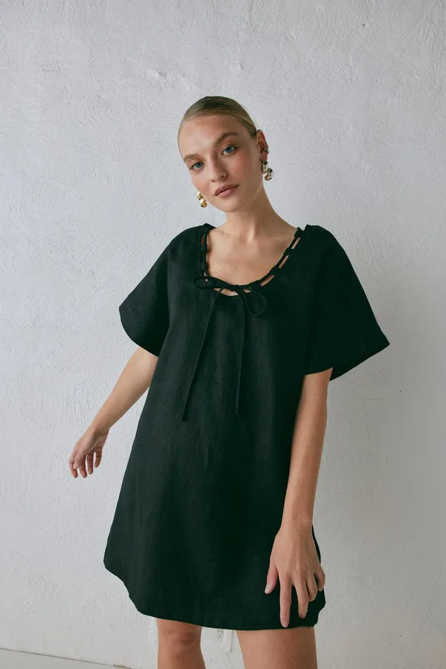 VRG GRL Nellie Linen Mini Dress Black Women Mini Dresses
