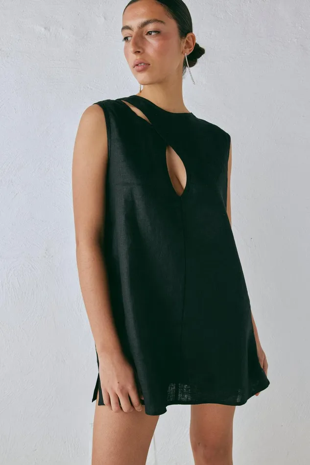 VRG GRL Yuri Linen Mini Dress Black Women Mini Dresses
