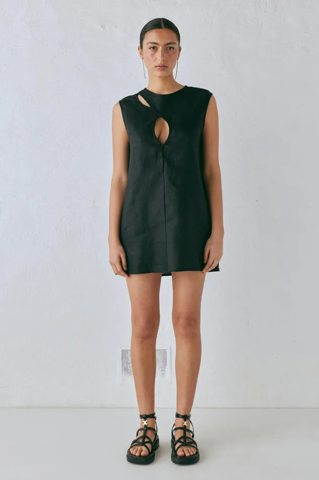 VRG GRL Yuri Linen Mini Dress Black Women Mini Dresses