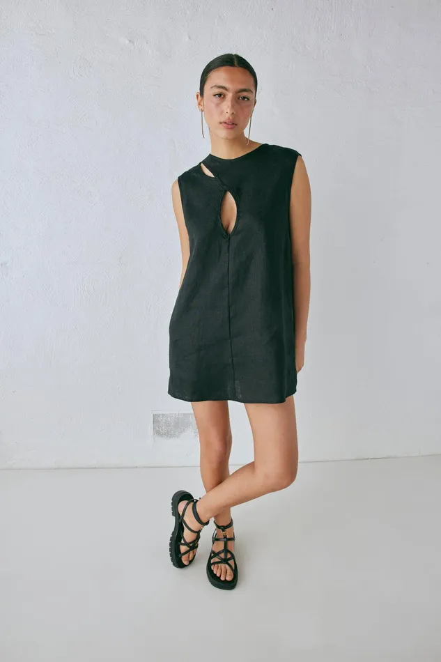 VRG GRL Yuri Linen Mini Dress Black Women Mini Dresses