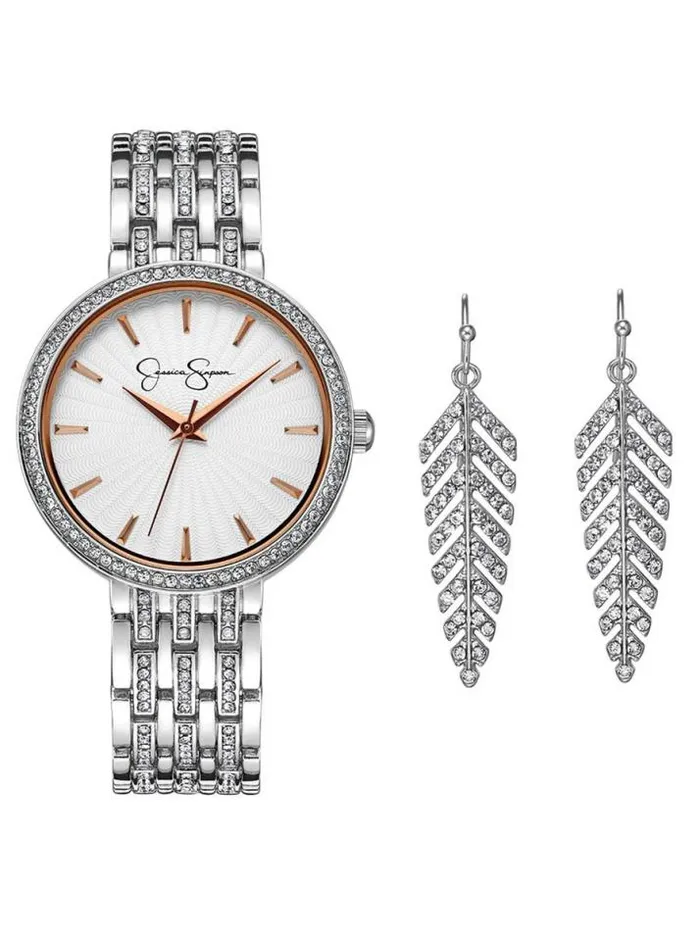 Watches Accessories Jessica Simpson Crystal Bezel Watch and Feather Earring Set In Silver Tone