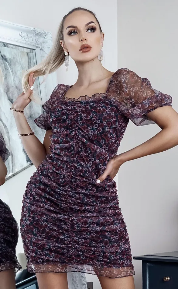 Ween Purplpe Ditsy Floral Ruched Midi Dress Women Missfiga Bodycon Dresses