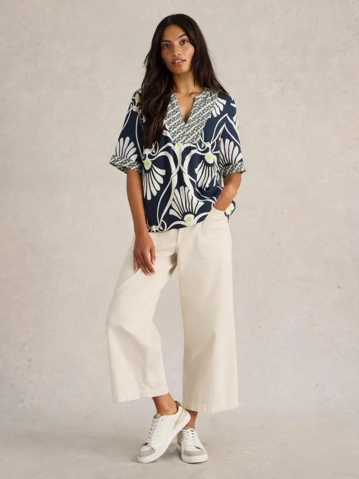 Women Ash Linen Blend Top Navy Print White Stuff Tops and Tees