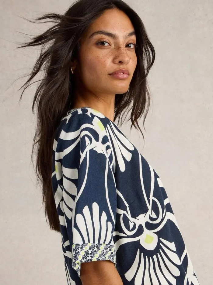 Women Ash Linen Blend Top Navy Print White Stuff Tops and Tees