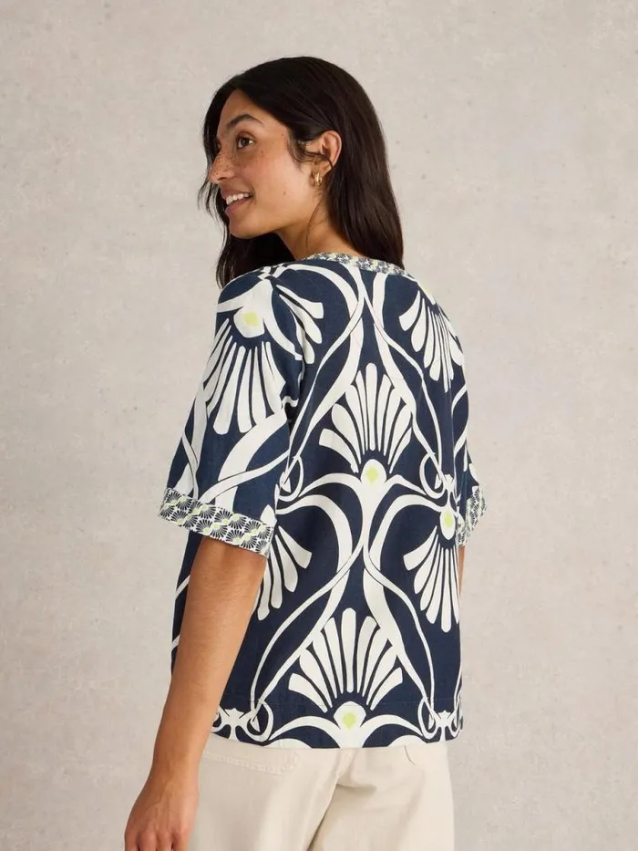 Women Ash Linen Blend Top Navy Print White Stuff Tops and Tees