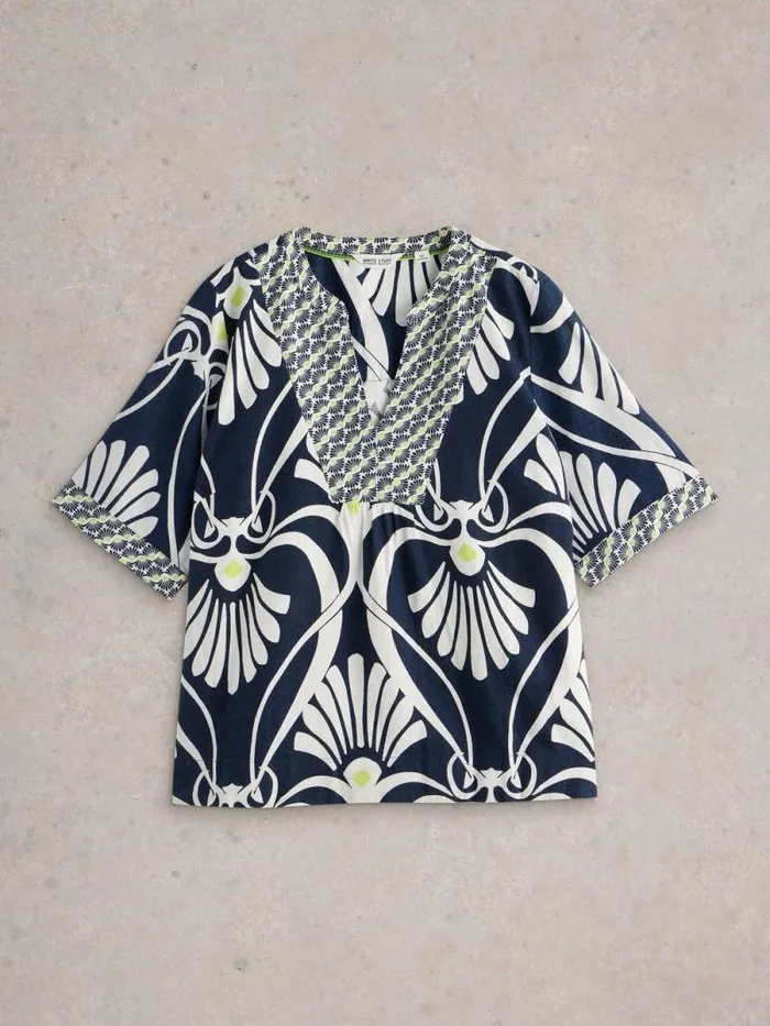 Women Ash Linen Blend Top Navy Print White Stuff Tops and Tees