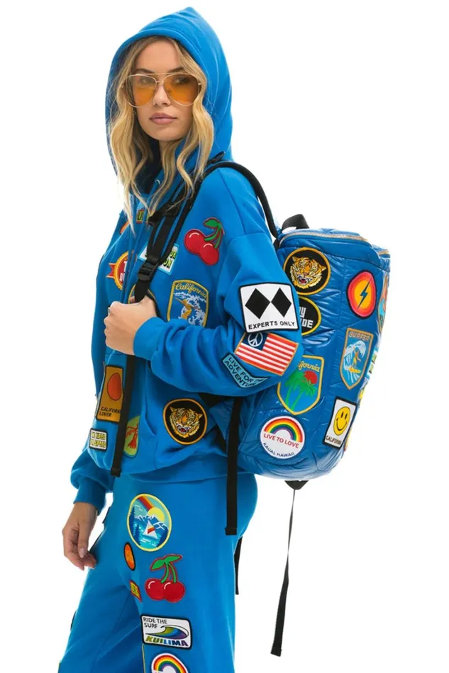 Women Backpacks Aviator Nation VINTAGE PATCH PUFFER BACKPACK 8211 SNORKEL BLUE GLOSSY
