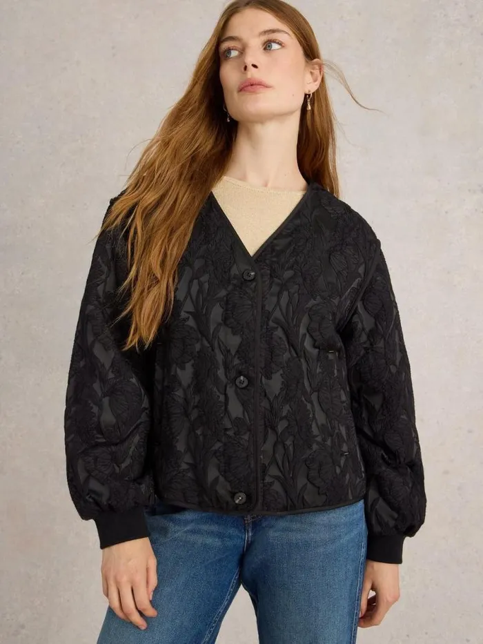 Women Bella Jacquard Jacket Pure Black White Stuff Coats and Jackets