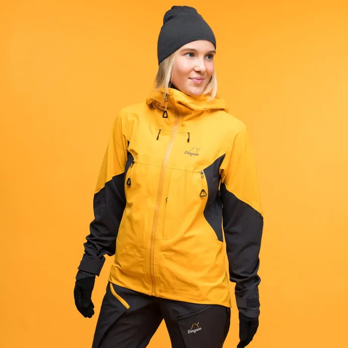 Women Bergans Of Norway Softshell Jackets Y Mountainline Hybrid Softshell Jacket Mango Yellow Dark Shadow Grey