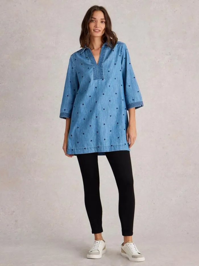 Women Blaire Denim Embroidered Tunic Mid Denim White Stuff Shirts and Blouses