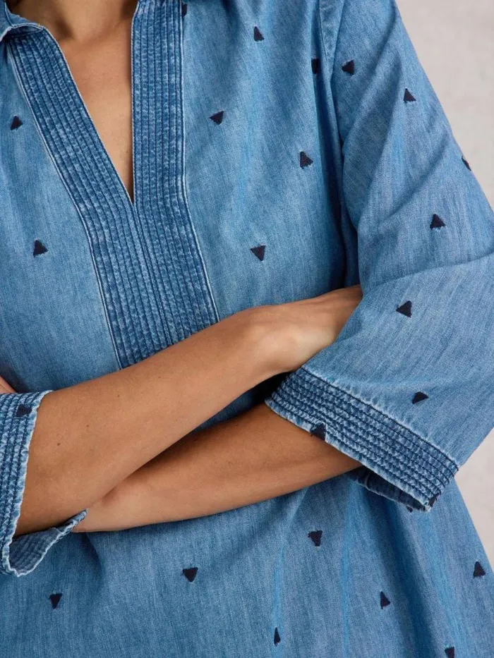 Women Blaire Denim Embroidered Tunic Mid Denim White Stuff Shirts and Blouses