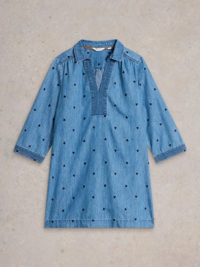 Women Blaire Denim Embroidered Tunic Mid Denim White Stuff Shirts and Blouses