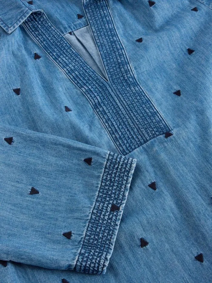 Women Blaire Denim Embroidered Tunic Mid Denim White Stuff Shirts and Blouses