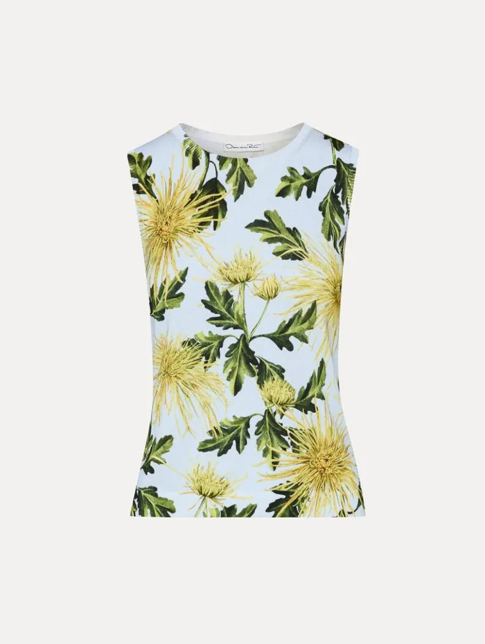 Women Blouses and Knits Oscar De La Renta Chrysanthemum Printed Tank Yellow Light Blue