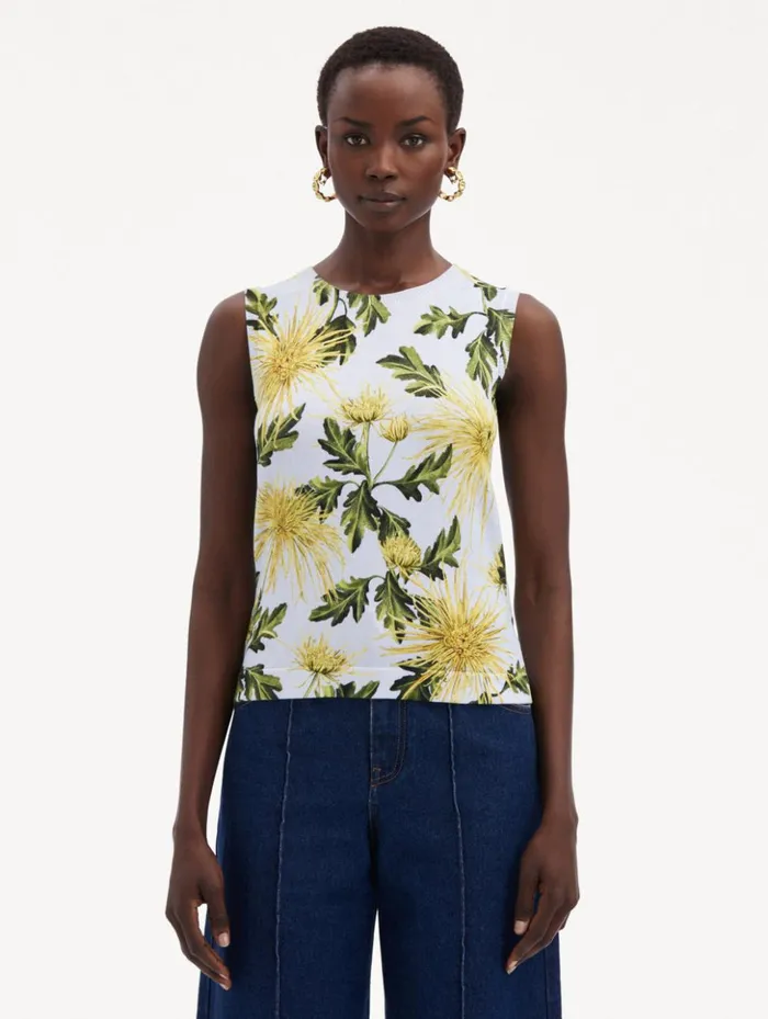 Women Blouses and Knits Oscar De La Renta Chrysanthemum Printed Tank Yellow Light Blue Women Blouses and Knits Oscar De La Renta Chrysanthemum Printed Tank Yellow Light Blue