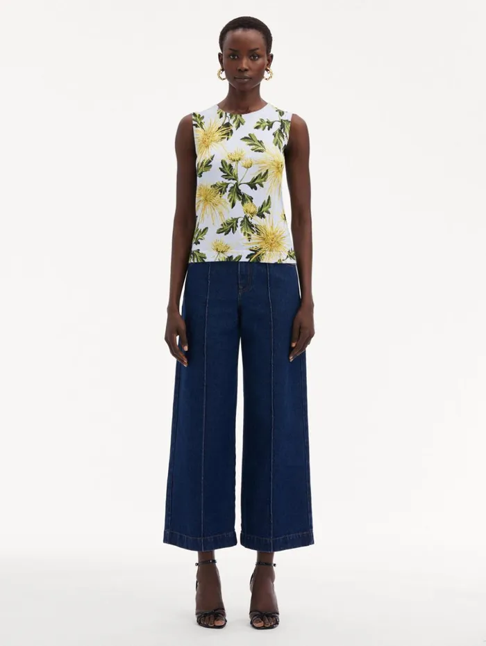 Women Blouses and Knits Oscar De La Renta Chrysanthemum Printed Tank Yellow Light Blue Women Blouses and Knits Oscar De La Renta Chrysanthemum Printed Tank Yellow Light Blue