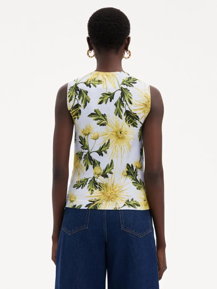 Women Blouses and Knits Oscar De La Renta Chrysanthemum Printed Tank Yellow Light Blue Women Blouses and Knits Oscar De La Renta Chrysanthemum Printed Tank Yellow Light Blue