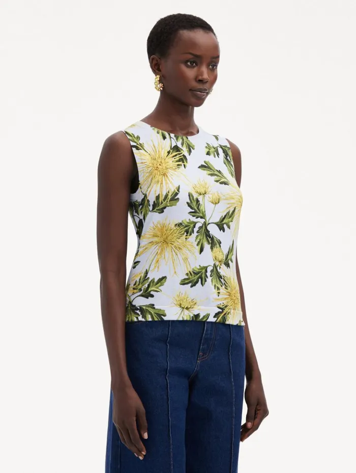 Women Blouses and Knits Oscar De La Renta Chrysanthemum Printed Tank Yellow Light Blue Women Blouses and Knits Oscar De La Renta Chrysanthemum Printed Tank Yellow Light Blue