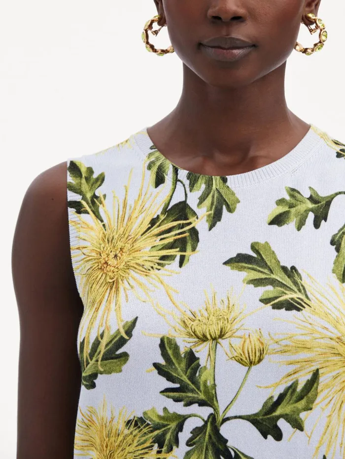 Women Blouses and Knits Oscar De La Renta Chrysanthemum Printed Tank Yellow Light Blue Women Blouses and Knits Oscar De La Renta Chrysanthemum Printed Tank Yellow Light Blue