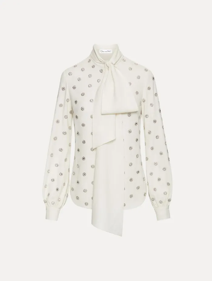 Women Blouses and Knits Oscar De La Renta Crystal Embroidered TieNeck Blouse Ivory