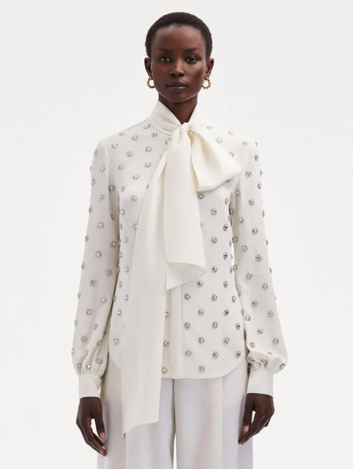 Women Blouses and Knits Oscar De La Renta Crystal Embroidered TieNeck Blouse Ivory Women Blouses and Knits Oscar De La Renta Crystal Embroidered TieNeck Blouse Ivory