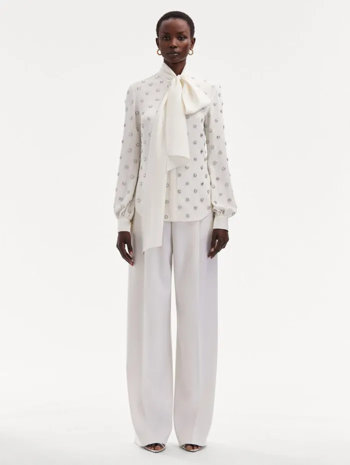 Women Blouses and Knits Oscar De La Renta Crystal Embroidered TieNeck Blouse Ivory Women Blouses and Knits Oscar De La Renta Crystal Embroidered TieNeck Blouse Ivory