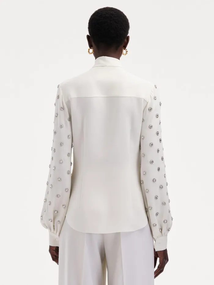 Women Blouses and Knits Oscar De La Renta Crystal Embroidered TieNeck Blouse Ivory Women Blouses and Knits Oscar De La Renta Crystal Embroidered TieNeck Blouse Ivory