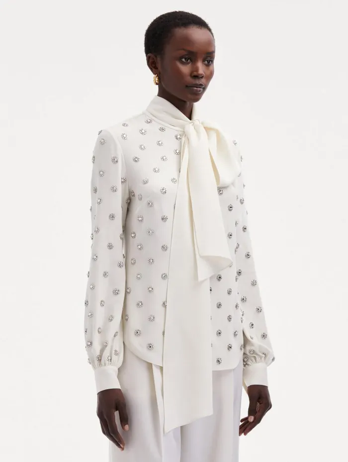 Women Blouses and Knits Oscar De La Renta Crystal Embroidered TieNeck Blouse Ivory Women Blouses and Knits Oscar De La Renta Crystal Embroidered TieNeck Blouse Ivory
