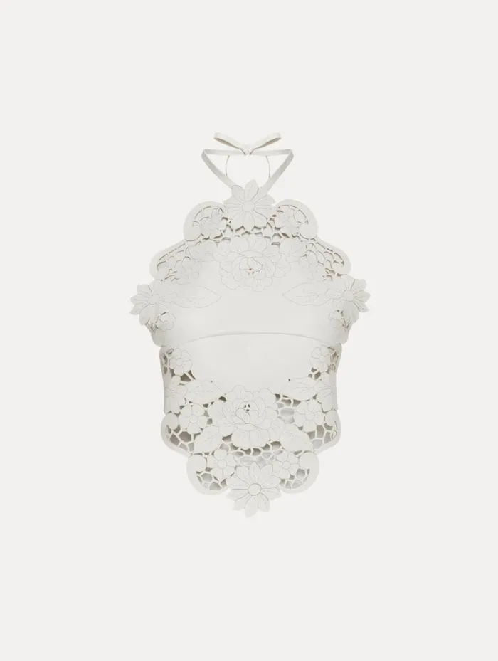 Women Blouses and Knits Oscar De La Renta Laser Cut Floral Leather Halter Top White