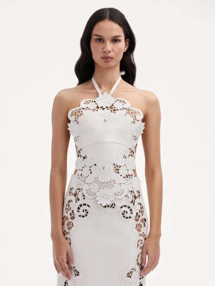 Women Blouses and Knits Oscar De La Renta Laser Cut Floral Leather Halter Top White Women Blouses and Knits Oscar De La Renta Laser Cut Floral Leather Halter Top White