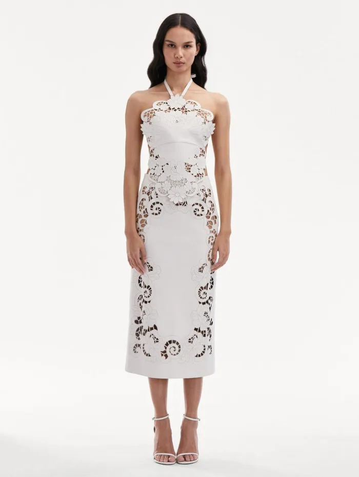 Women Blouses and Knits Oscar De La Renta Laser Cut Floral Leather Halter Top White Women Blouses and Knits Oscar De La Renta Laser Cut Floral Leather Halter Top White