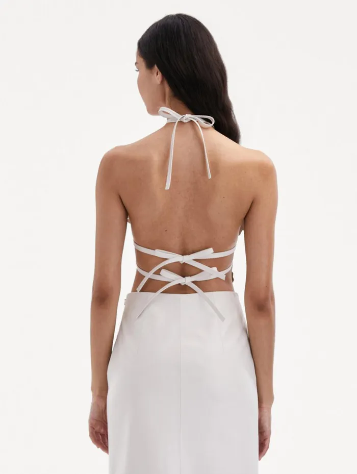 Women Blouses and Knits Oscar De La Renta Laser Cut Floral Leather Halter Top White Women Blouses and Knits Oscar De La Renta Laser Cut Floral Leather Halter Top White
