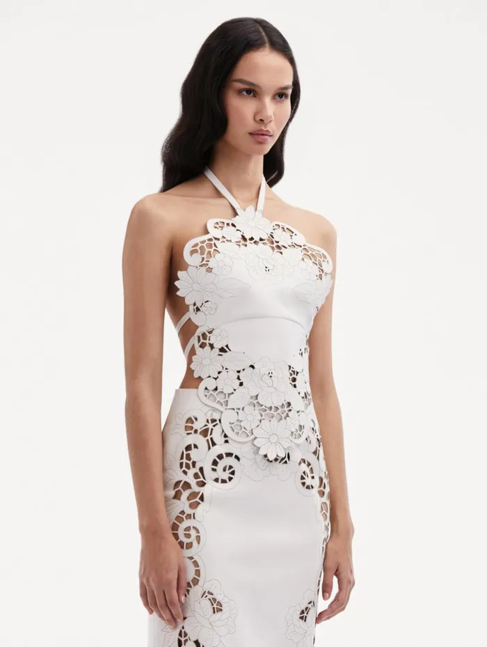 Women Blouses and Knits Oscar De La Renta Laser Cut Floral Leather Halter Top White Women Blouses and Knits Oscar De La Renta Laser Cut Floral Leather Halter Top White