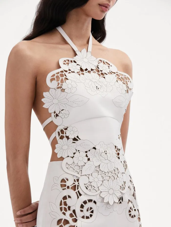 Women Blouses and Knits Oscar De La Renta Laser Cut Floral Leather Halter Top White Women Blouses and Knits Oscar De La Renta Laser Cut Floral Leather Halter Top White