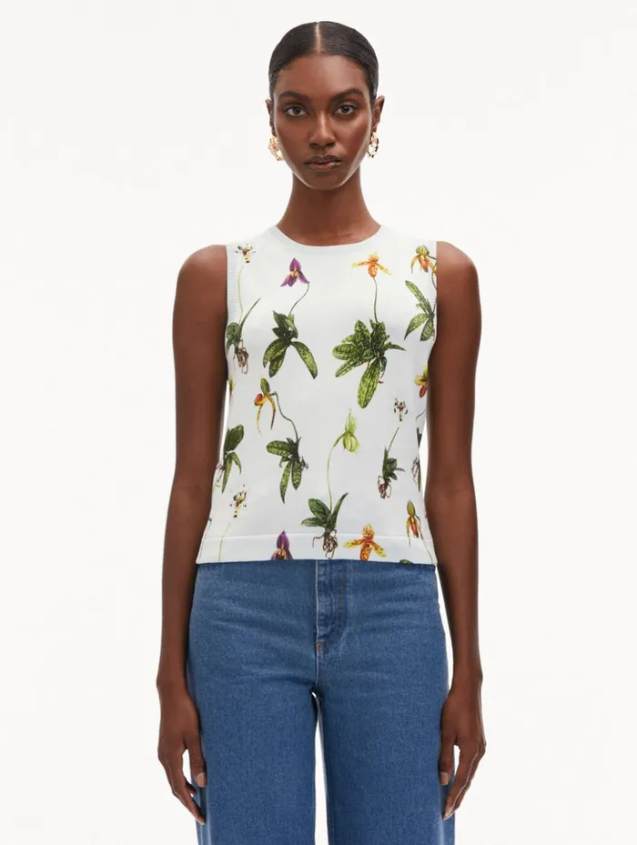 Women Blouses and Knits Oscar De La Renta Orchid Printed Tank Light Blue Multi Women Blouses and Knits Oscar De La Renta Orchid Printed Tank Light Blue Multi