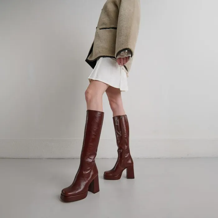 Women Boots With Heels And Square Toes Brown JONAK Boots Thighhigh Boots