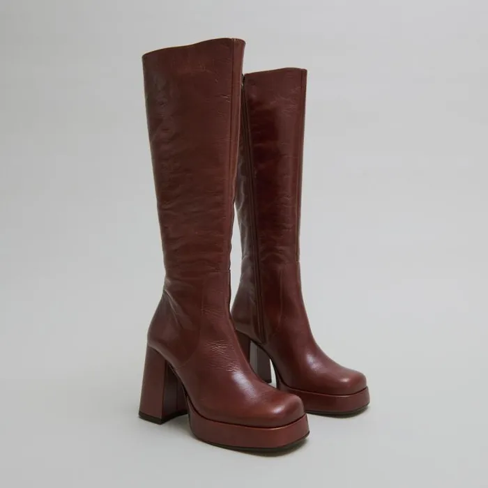 Women Boots With Heels And Square Toes Brown JONAK Boots Thighhigh Boots