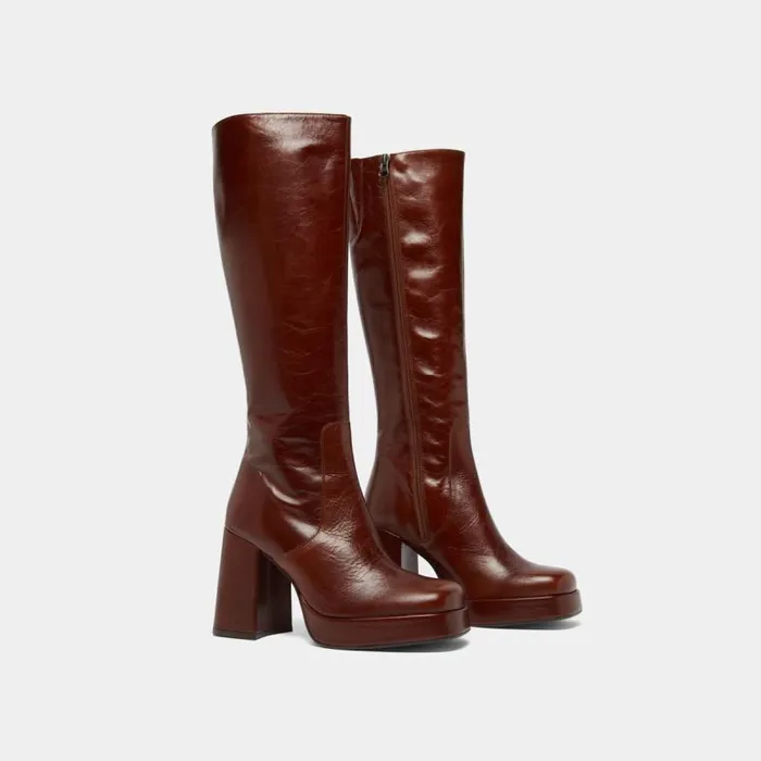 Women Boots With Heels And Square Toes Brown JONAK Boots Thighhigh Boots