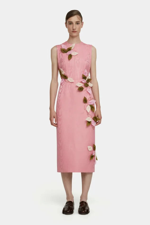 Women Cappia Petal Applique Dress in Pink Moire Mikado Dresses Emilia Wickstead Women Cappia Petal Applique Dress in Pink Moire Mikado Dresses Emilia Wickstead