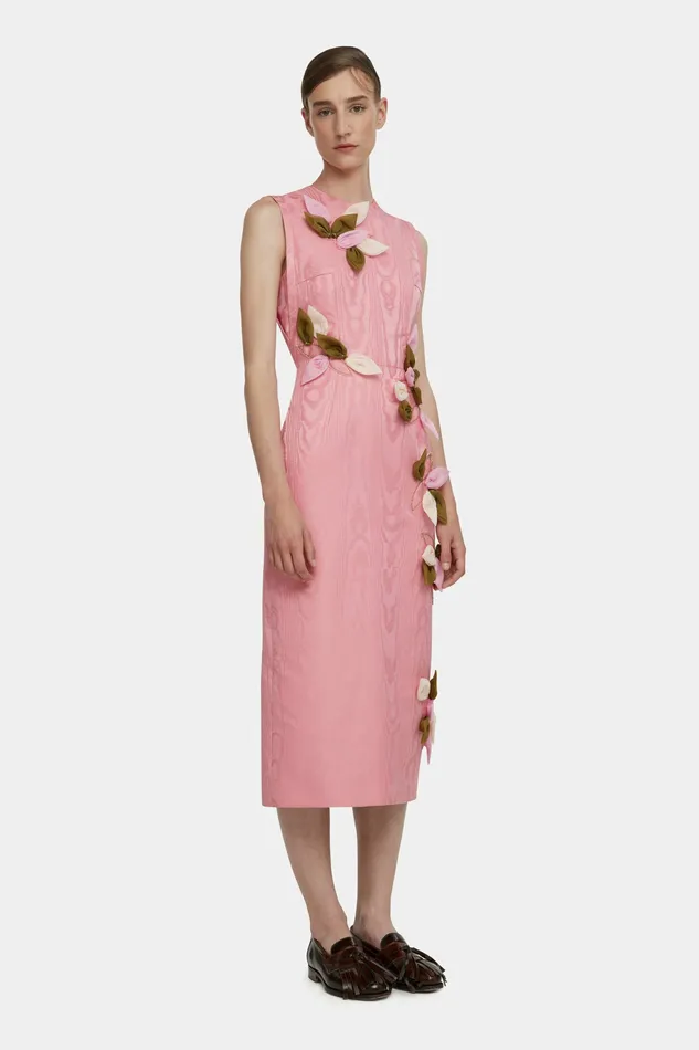 Women Cappia Petal Applique Dress in Pink Moire Mikado Dresses Emilia Wickstead Women Cappia Petal Applique Dress in Pink Moire Mikado Dresses Emilia Wickstead