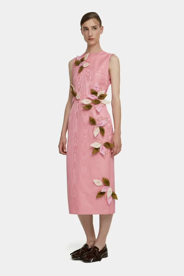 Women Cappia Petal Applique Dress in Pink Moire Mikado Dresses Emilia Wickstead Women Cappia Petal Applique Dress in Pink Moire Mikado Dresses Emilia Wickstead